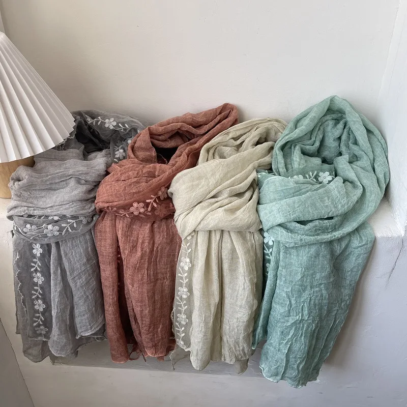 Embroidery Towel - Pamuklu Keten Dantel Eklemeli Eşarp Bayan