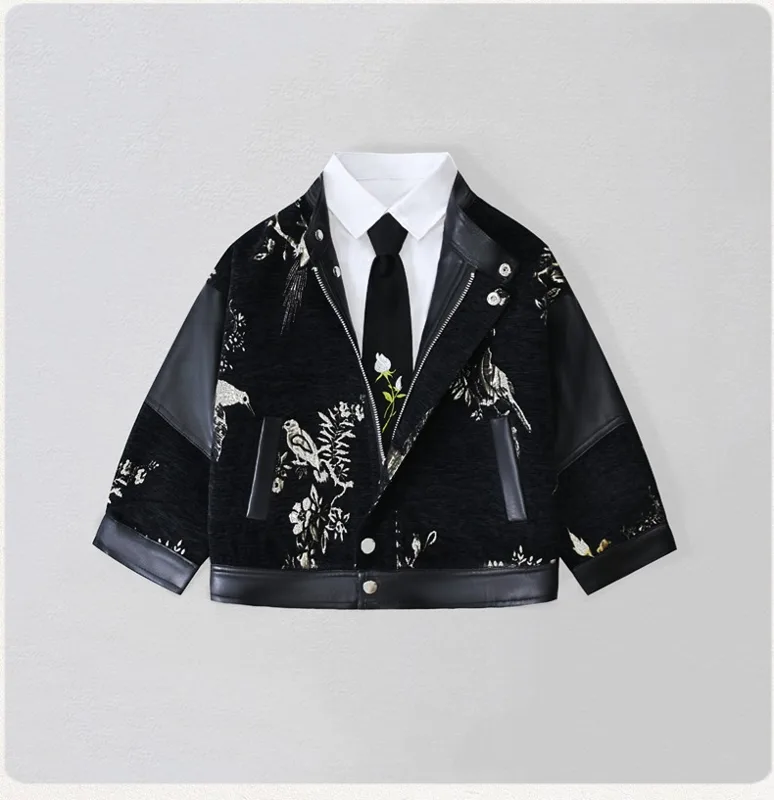 Embroidery Jacket - Beyefendi Çocuklar Nakışlı Motosiklet PU Deri