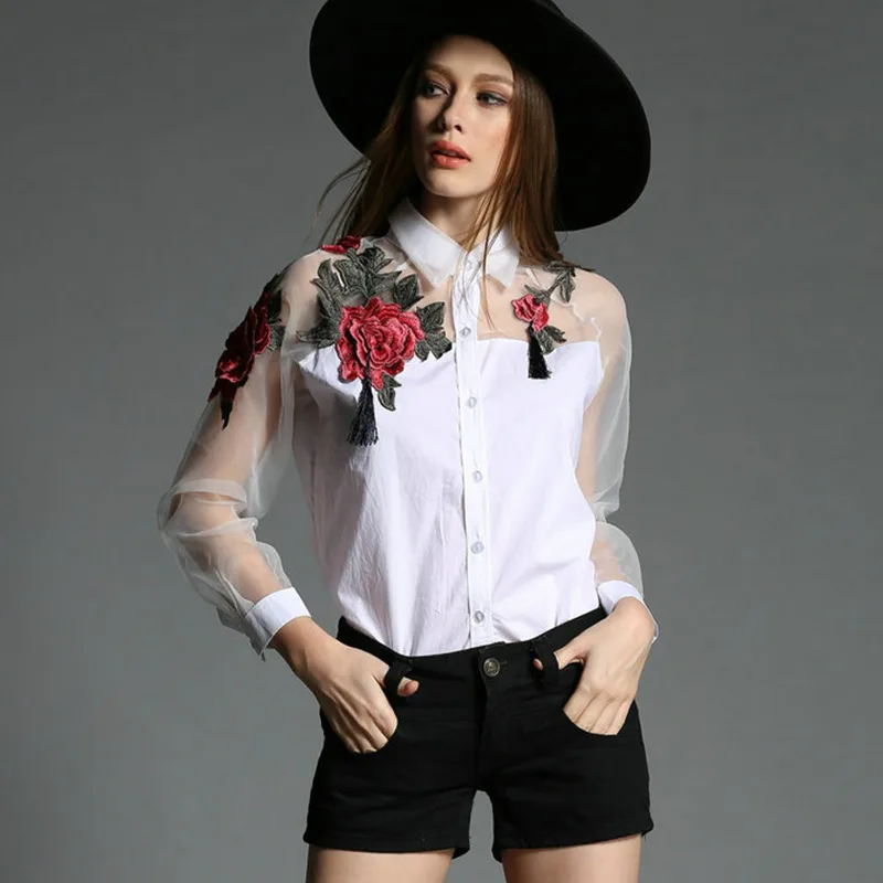 Embroidery Underlay - Kadın Modası Çiçek Nakışlı Şifon Bluz