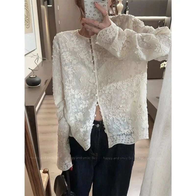Embroidery Cardigan - Moda Işlemeli Üç Boyutlu Dantel Gömlek
