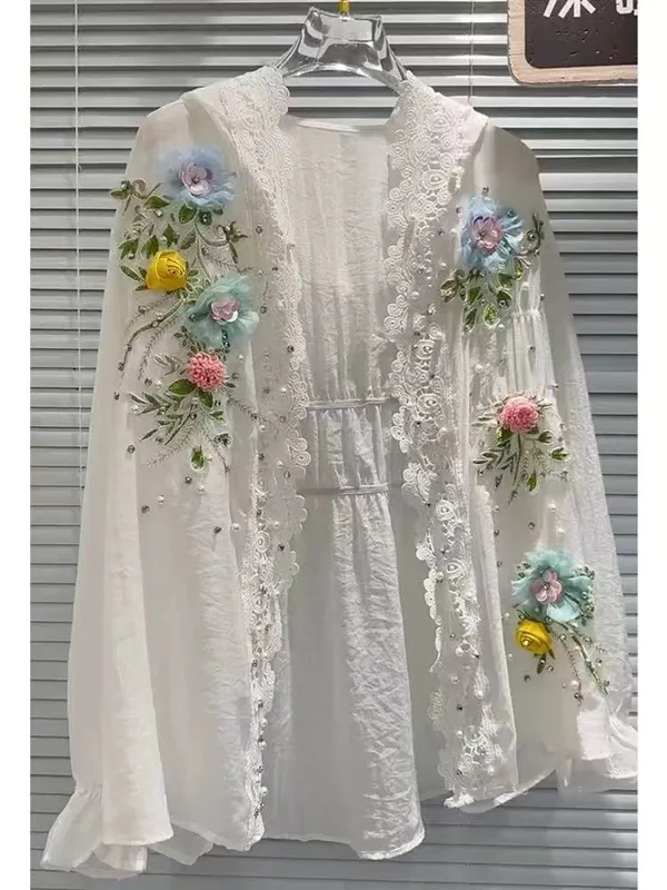 Embroidery Cardigan - Nefes alabilen pamuk karışımlı beyaz kapüşonlu