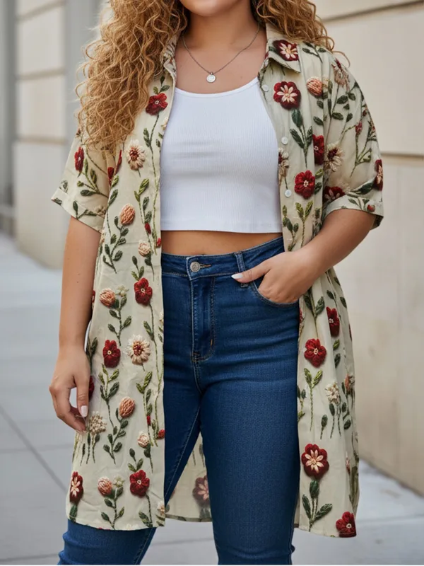 Embroidery Cardigan - Büyük Beden Kadın Uzun Kesim Oversize